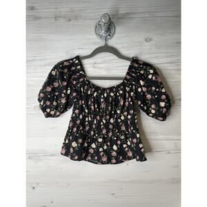 Celebrity Pink Blouse Womens Small Black Floral Puff Sleeve Smocked Peasant Top